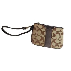 Coach Small Brown Jacquard Signature Stripe Canvas Leather Wristlet  Classic